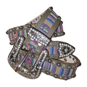 Unbranded Sz M NWOT Rhinestone Buckle Silver Studs Fabric & Leather Western Belt